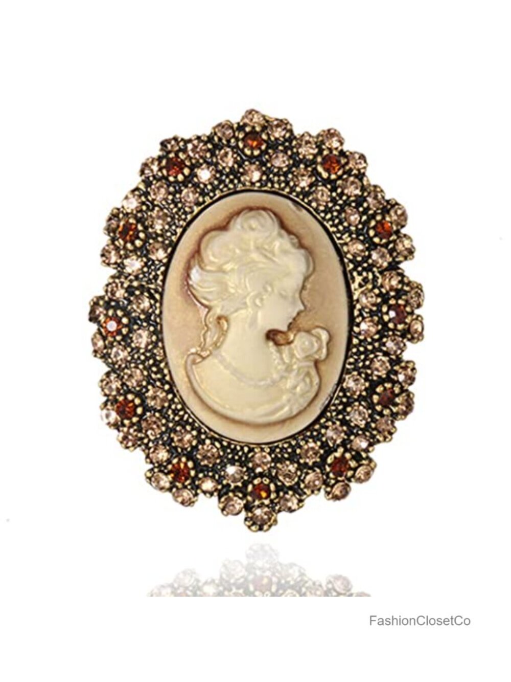 Victorian Vintage Beauty Lady Brooch Pin with Red Pink Rhinestones, Gold Tone